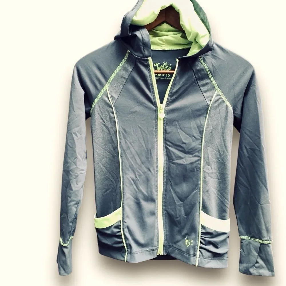 Justice Track Jacket Full Zip Grey Neon Green Lightweight Girl’s size 10
